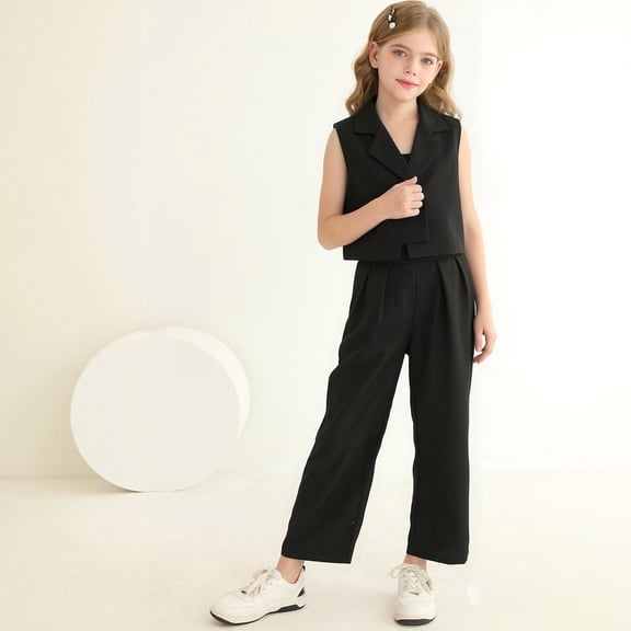 Angala 2 Piece Outfits For Girls V-Neck Sleeveless Elegant Stylish Vest Coat With Wide Leg Pants Set Girls Autumn Daily Wear Clothes