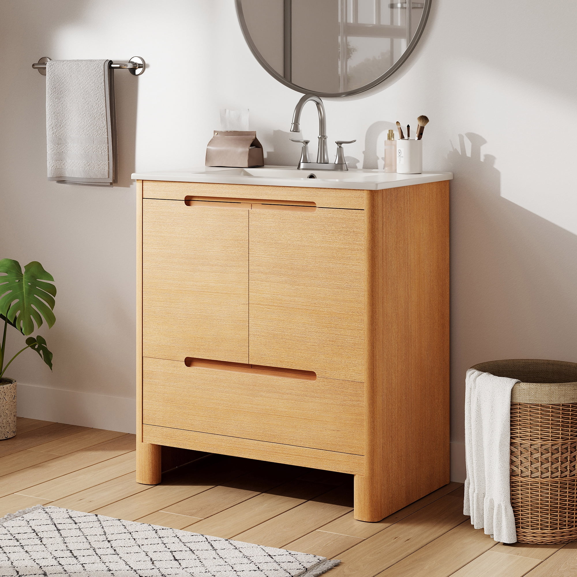 Harper & Bright Designs 30" Freestanding Bathroom Vanity Cabinet with Sink, Bathroom Sink Storage Cabinet with Soft-Close Doors & Drawer, Adjustable Shelf, Single Sink Bathroom Vanity Set, Oak