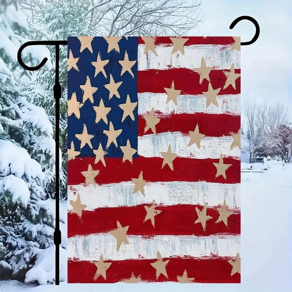 RKSupls Patriotic Linen Double Sided Garden Flag, Independence Day Themed Yard Decor, American Flag with Scattered Gold Stars Texture Outdoor Banner for Holiday Lawn