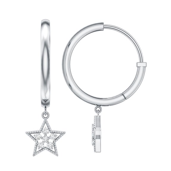 Rosec Jewels Natural Diamond Star Drop Earrings for Women - HI Color SI Clarity - Diamond Hoop Earrings - Ready to Gift, 10K White Gold