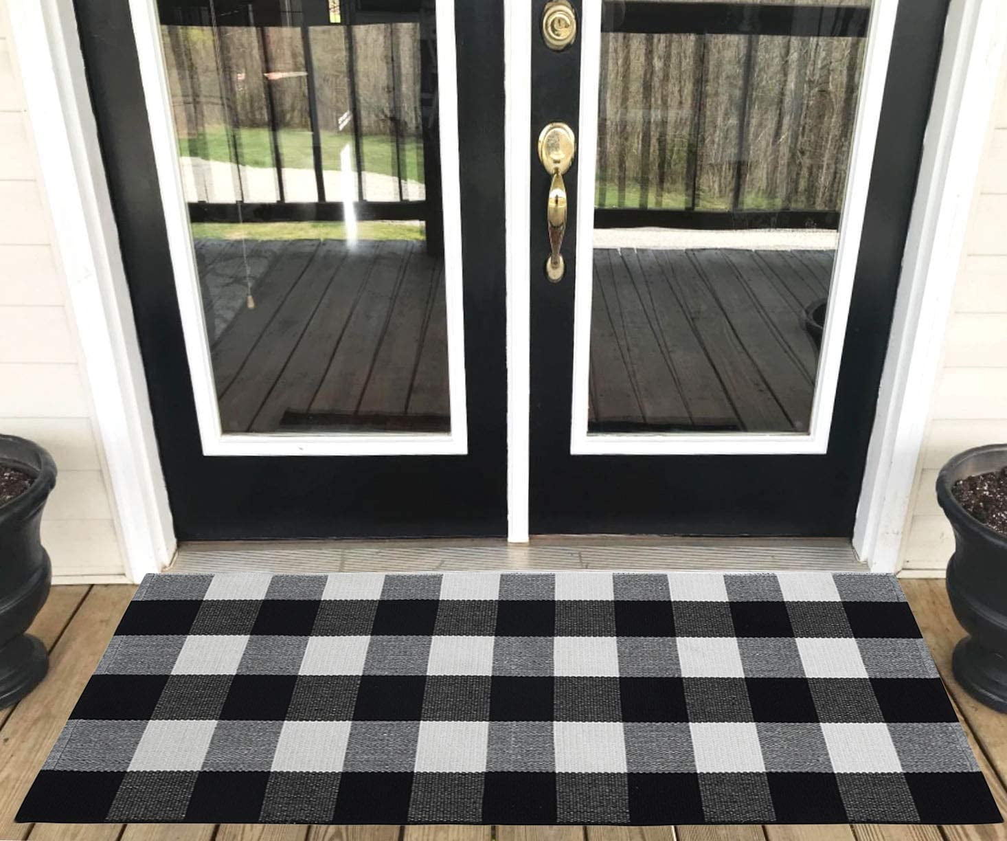 Buffalo Plaid Outdoor Area Rug 3x5 ft LEEVAN Black and White Outdoor Patio Rug Hand-Woven Checkered Welcome Door Mat for Porch//Farmhouse//Layered//Living Room