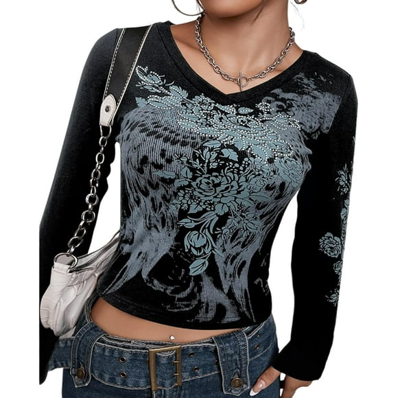 Emo Grunge Long Sleeve Gothic Shirts Y2k Summer Goth Tops Women Streetwear 2000s Clothing