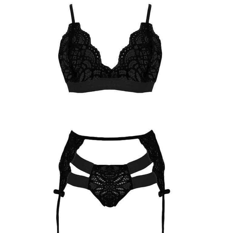 Sexy Black Lace Lingerie See Through Lace Bra Panty Garter Belt 3 Piece Set  - GutsPK