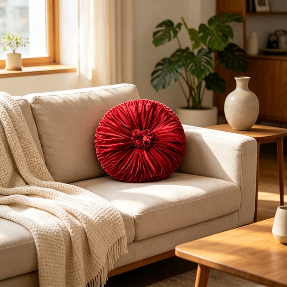KITTEHIGM Ruched Velvet Round Throw Pillow with Rosette Center Pleated Circle Decorative Cushion in Multicolor Solid Velvet Accents for Sofa Bed Home Decor