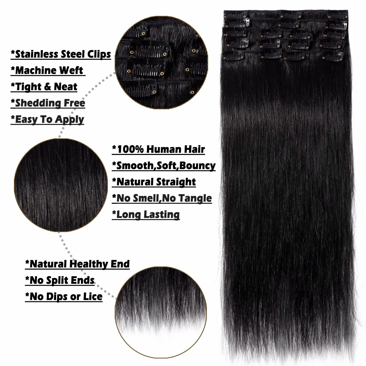 Benehair Clip in Human Hair Extensions Full Head 100% Remy Real Hair 8pcs Black Straight For Women 8"-24"