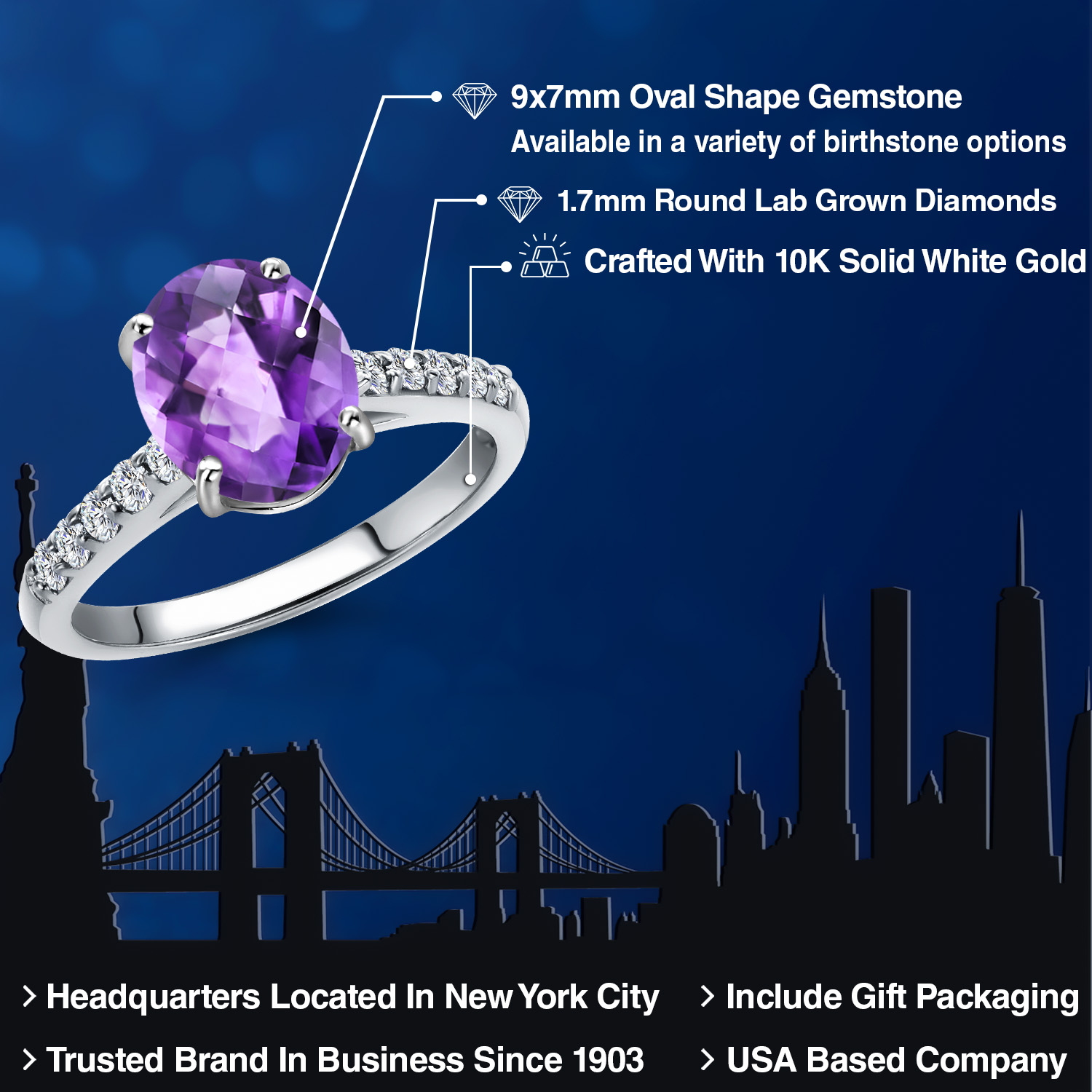 Gem Stone King 10K White Gold Purple Amethyst and Lab Grown Diamond Engagement Ring for Women | 1.70 Cttw | Oval Checkerboard 9X7MM | Gemstone February Birthstone | Size 9