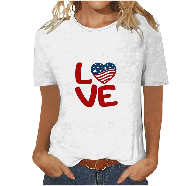 Tops Cortos para Mujeres Día de la Independencia Patriótica Impreso Cuello Redondo, Camiseta de Manga Corta Casual para la Primavera, Verano Y Fiesta