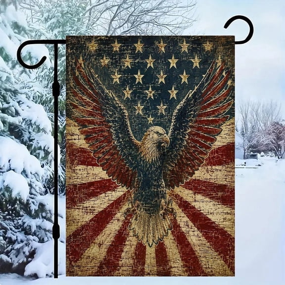 RKSupls Patriotic Linen Double Sided Garden Flag, Independence Day Themed Yard Decor, Eagle Wings Spread Brick Wall Flag Outdoor Banner for Holiday Lawn