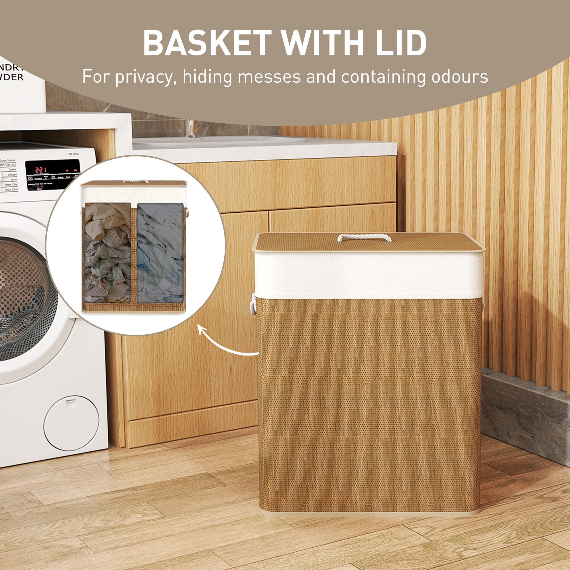 Double Laundry Basket with Lid, 26.4 Gallon Bamboo Laundry Hamper with Rope Handles and Removable Liner, Brown
