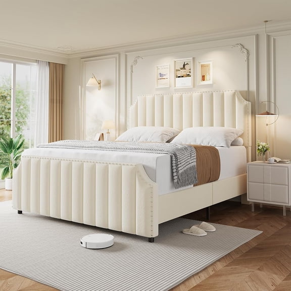 King Size Velvet Bed Frame, 50.2 in Tall Headboard & Footboard, Upholstered Platform King Bed Frame with Nailhead Trim, No Box Spring Needed, Noise Free, Solid Wooden Slats, Beige