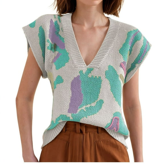 Utoimkio Women's Cute Print Sleeveless Sweater Vest Plus Size V Neck Pullover Knit Jumper Tops Fall Sweaters for Women