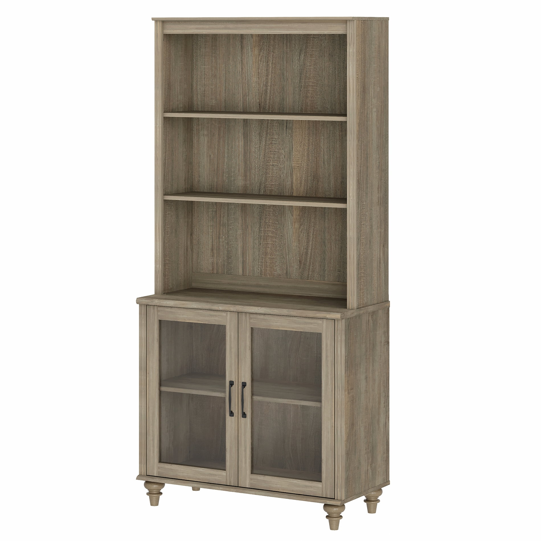 Farmhouse 5 Tier Bookcase With 2 Glass Doors, Wash Gray, 33.9" W
