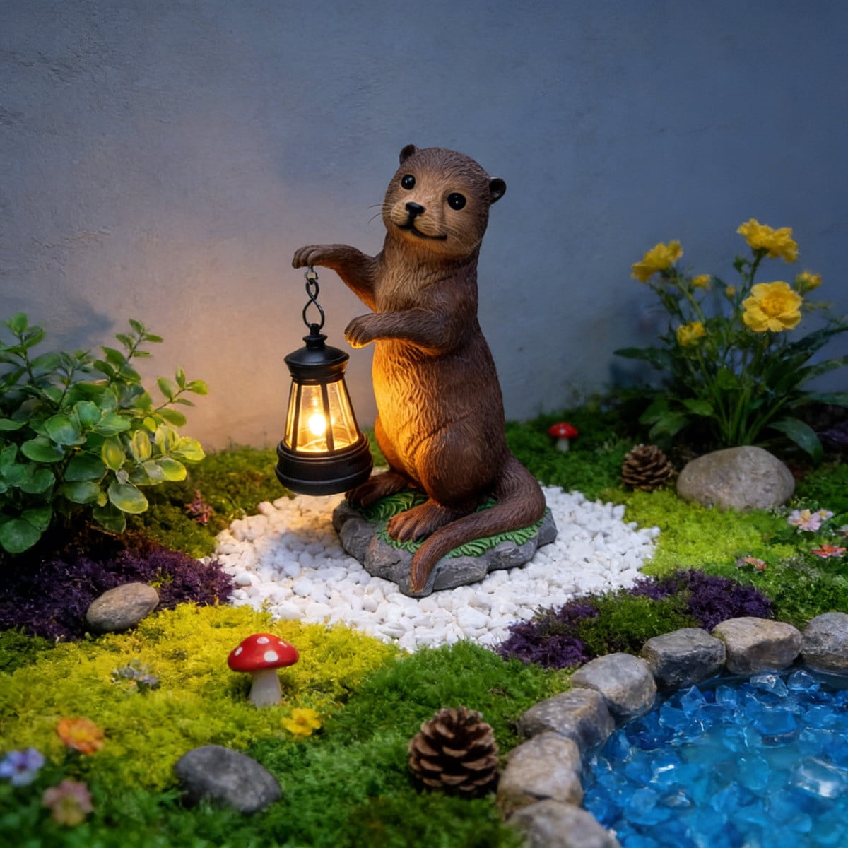 Solar Garden Statues Otters Figurine Outdoor Lights, IP44 Waterproof, 7.8Inch Resin Patio Lawn BalconyDecorations Outdoor, Garden Decor Unique Birthday Housewarming Gifts for Mom,Brown