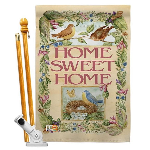 Breeze Decor BD-SH-HS-100048-IP-BO-D-US12-AM 28 x 40 in. Welcome Birds Spring Time Inspirational Sweet Home Impressions Decorative Vertical Double Sided House Flag Set with Pole Bracket Hardware