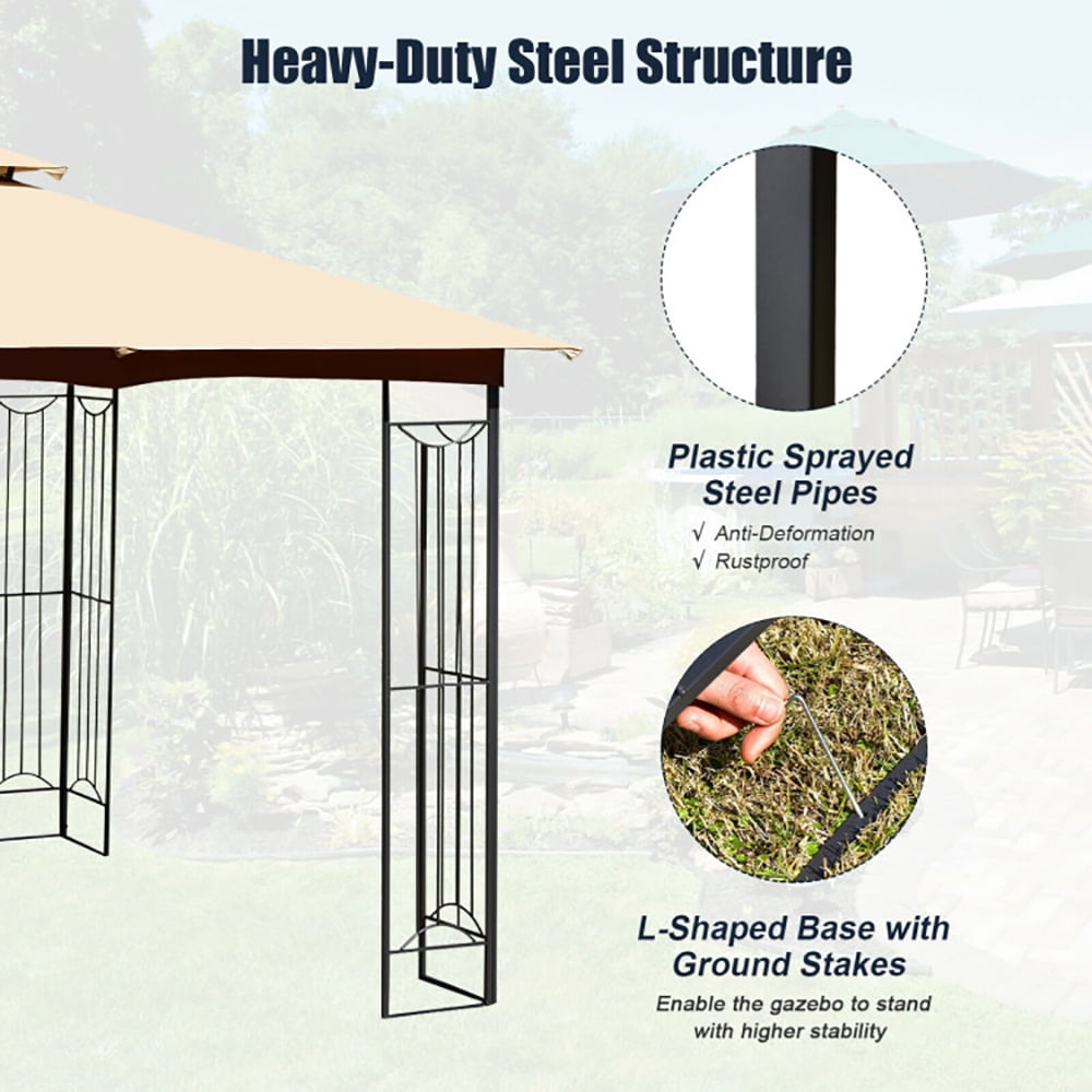 Aimee Lii 10 x 10 Feet L-Shaped Patio Canopy Gazebo Outdoor 2-Tier Steel Tent, Backyard Canopy Gazebo for Party Wedding BBQ Events, Beige