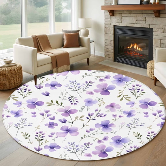 8ft Round Rug, Purple Spring Floral Non-Skid Rubber Backing Large Area Rugs - Living Room Bedroom Home Office, Pastoral Botanical Watercolor Indoor Floor Mat Carpets Washable Rug