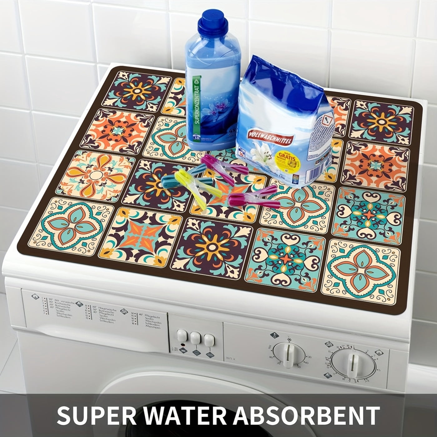 Vintage Mosaic Washing Machine Cover, Waterproof and Durable Diatomaceous Earth Material, 23.62" x 19.69", Ideal for Kitchen or Laundry Room, Perfect