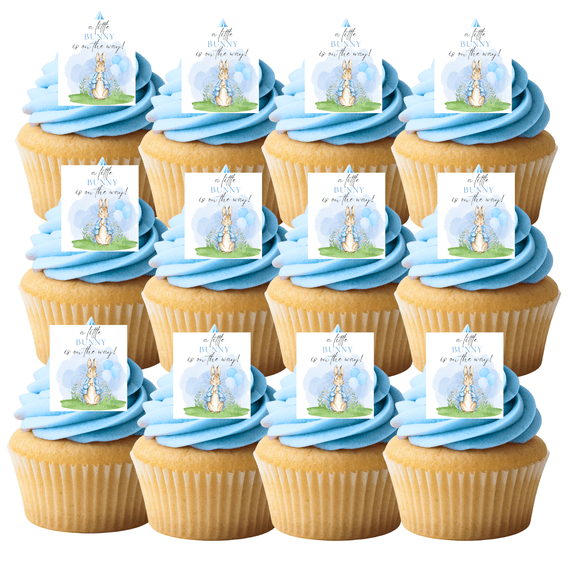 A Little Bunny Is On The Way Cupcake Picks â€“ 24 Edible Wafer Paper Decorations | Blue Baby Shower Dessert Toppers