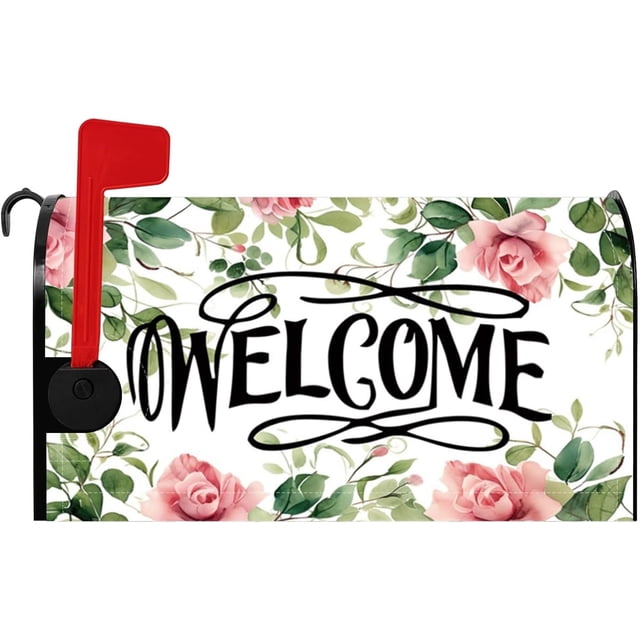 Welcome Magnetic Mailbox Cover 21x18in Pink Roses Spring Floral Rustic Flowers for Farmhouse Garden Yard Outdoor Patio
