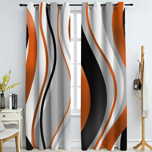 Luxury Orange Black White Gray Window Curtain Panels, Abstract Wavy Stripes Blackout Curtains For Bedroom, Window Drapes Treatments Suitable For Bedroom Living Room Dorm Room 21"W x 45"L (Pack of 2)