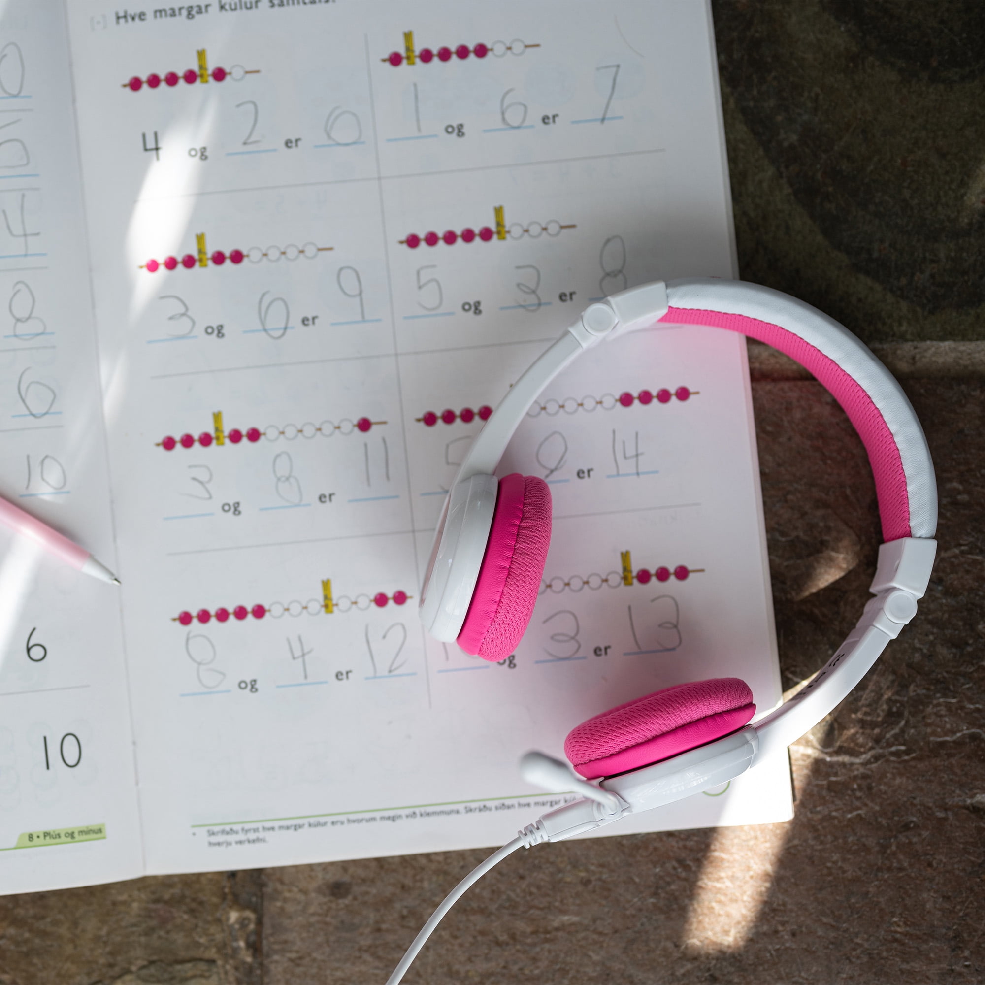 BuddyPhones School+, On-Ear Wired 85dB Volume Limiting Educational Kids Headphones with Detachable Boom Mic, Foldable, Audio Sharing Jack, Customizable Stickers, Adjustable Headband Size, Pink