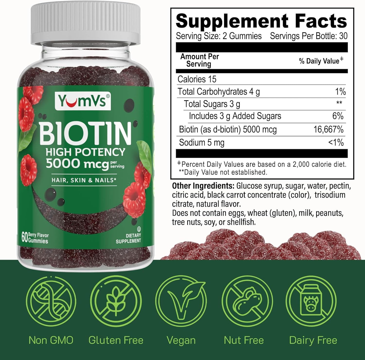 YUM-V's Biotin Gummies for Hair, Skin, and Nails in Luscious Raspberry Flavor, 5000mcg in 2 Gummies at 2500mcg Each, 2-Pack at 60 Pcs/Pack
