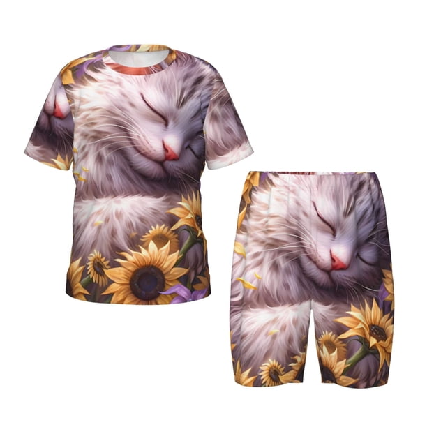 Balery Warm Sunflower Sleeping Cat Conjunto de Pijama Infantil de Manga Corta con Estampado – Ropa de Dormir de Algodón Suave-4X-Large