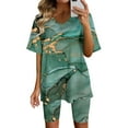 thumbnail image 2 of Summer Hot Saving! ITSUN Women Plus Size Outfit V-Neck Blouse Short Sleeve Tops Shorts Printed Casual Suit Leisure Sets Green XL, 2 of 5