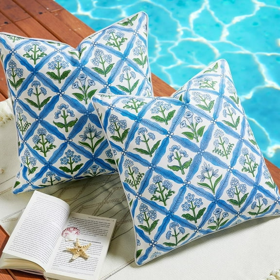 Blue and Green Floral Outdoor Throw Pillow Covers 18x18 Waterproof Set of 2, Block Print Outside Pillow Cover with Piping Edge, Navy Blue Outdoor Pillows for Porch and Patio Furniture