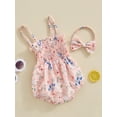 thumbnail image 2 of Newborn Baby Girl Summer Outfit Cute Print One Piece Bodysuit Ruffle Strap Bubble Romper Linen Playsuit with Headband Set, 2 of 7