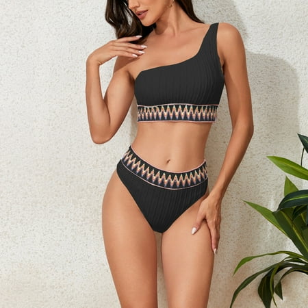 ZQGJB Women s Ribbed Bikini Sets Retro Printed One Shoulder Top with Mid Waist Two Piece Bathing Suit Beach Swimwear Coverups(Black M)