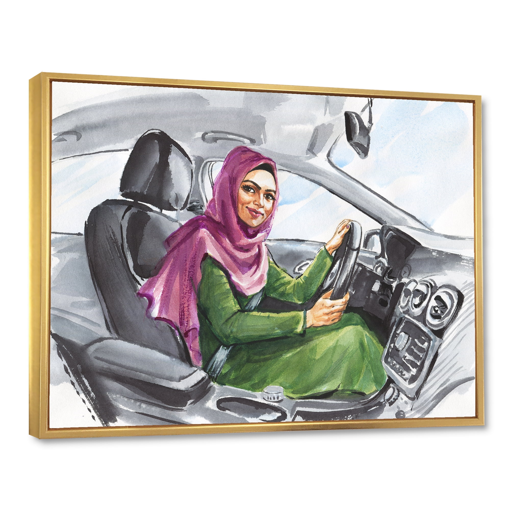 Designart 'Arabian Lady Driving A Car II' Modern Framed Canvas Wall Art Print