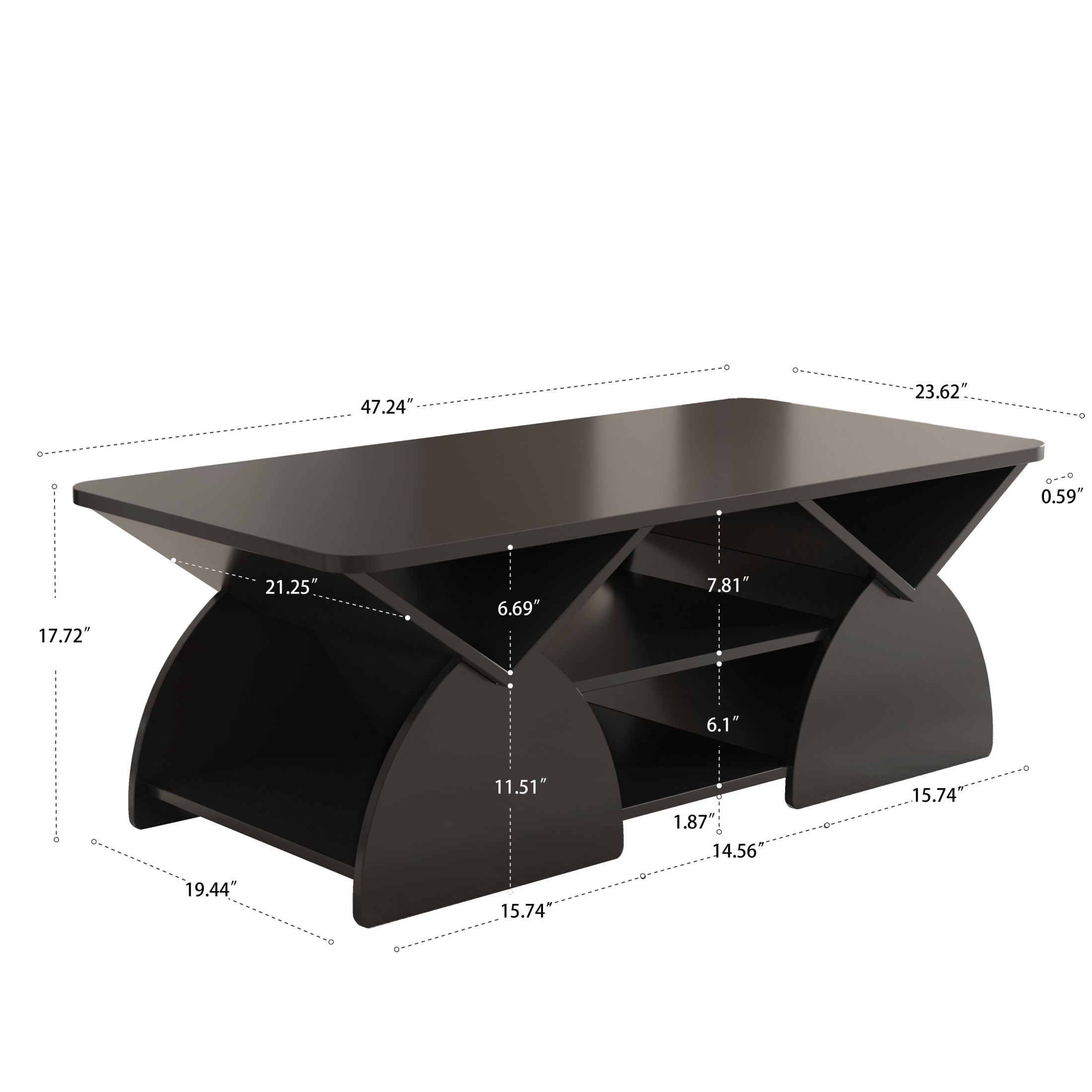 Noble House Arwick 47.24" Rectangular Coffee Table, Wooden Rounded Corners Tea Table, Geometric Open Shelves, Black