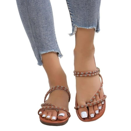 

HAXMNOU Flat Bottom Women S Simple Thin Sandals Summer Flat Bottom Fashion Women S Sandals Brown 38