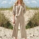 thumbnail image 1 of ICHUANYI Clearance Women's Solid Color Three-Quarter Sleeve Collar Cropped Top + Casual Long Pants Suit Set(Khaki, M) ICHUANYI WER2023081206183, 1 of 5