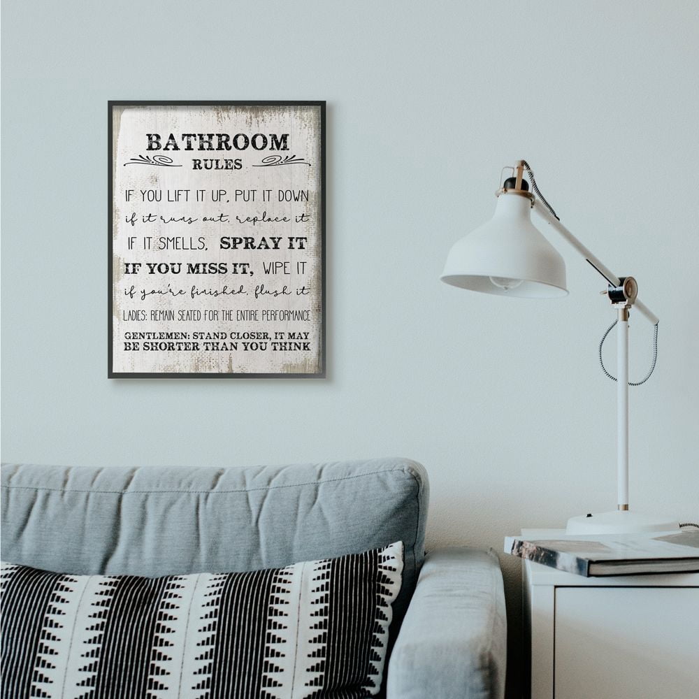 Stupell Industries Bathroom Rules Funny Word Wood Textured Design Framed Giclee Texturized Art by Daphne Polselli