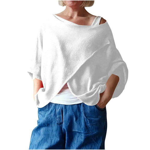 Womens Baggy Sweatshirts Crewneck Crossover Knitted Tops Plus Size Loose Batwing Half Sleeve Sweater Cover Ups (XL, Green)