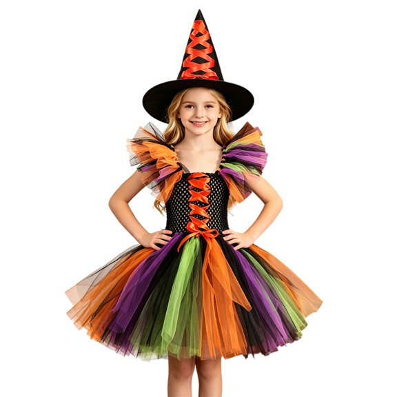 XXWXYD Girls Layered Ruffle-Shoulder Witch Tutu Dress with Hat, Sleeveless Mesh Tulle Lace-Up Halloween Party Performance Outfit Eight Color Choices