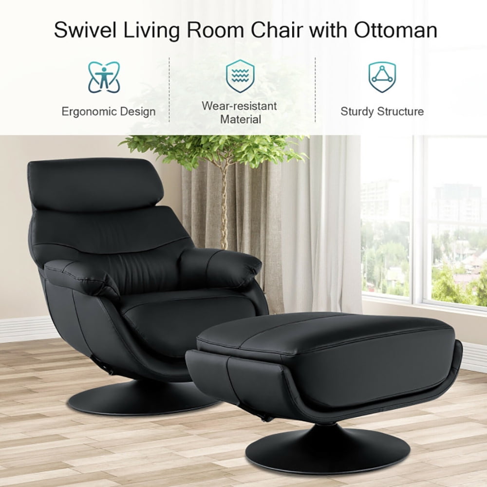 Finihen Leather Soft Upholstered Recliner with Ottoman Footrest, 360° Swivel Leather Lounge Chair with Ottoman and Thick Footstool, for Living Room, Bedroom, Black Finihen Leather Soft Upholstered Recliner with Ottoman Footrest, 360° Swivel Leather Lounge Chair with Ottoman and Thick Footstool, for Living Room, Bedroom, Black