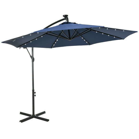 Outsunny 10ft Outdoor Cantilever Umbrella with Solar Lights, Banana Umbrella with Adjustable Angle for Patio, Backyard, Navy Blue