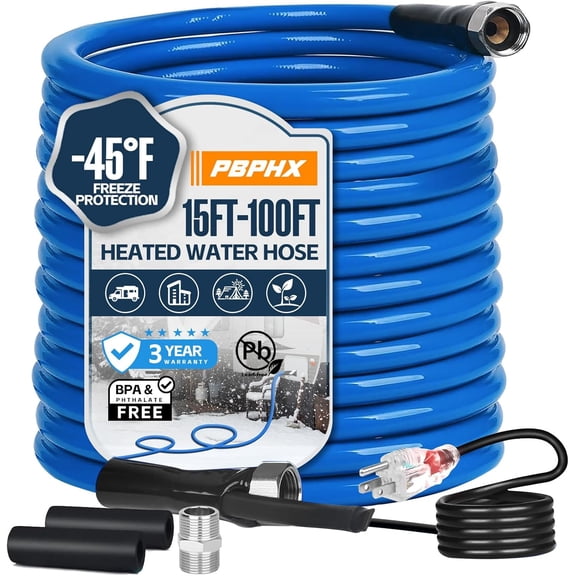 MRY 100 ft Heated Drinking Water Hose for RV with Thermostat, Lead & BPA Free, 1/2" ID, Self-Regulating to -40°F, Blue
