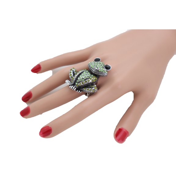 Women Silver Metal Ring Fashion Jewelry Elastic Band Green Frog