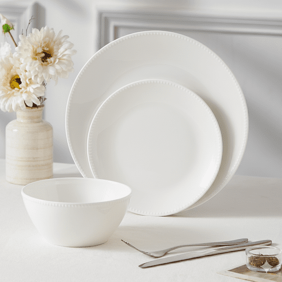 12 Piece Bone China Dinnerware Set, White Plates and Bowls Set for 4, Classic Round Design, Microwave and Dishwasher Safe, Everyday Use