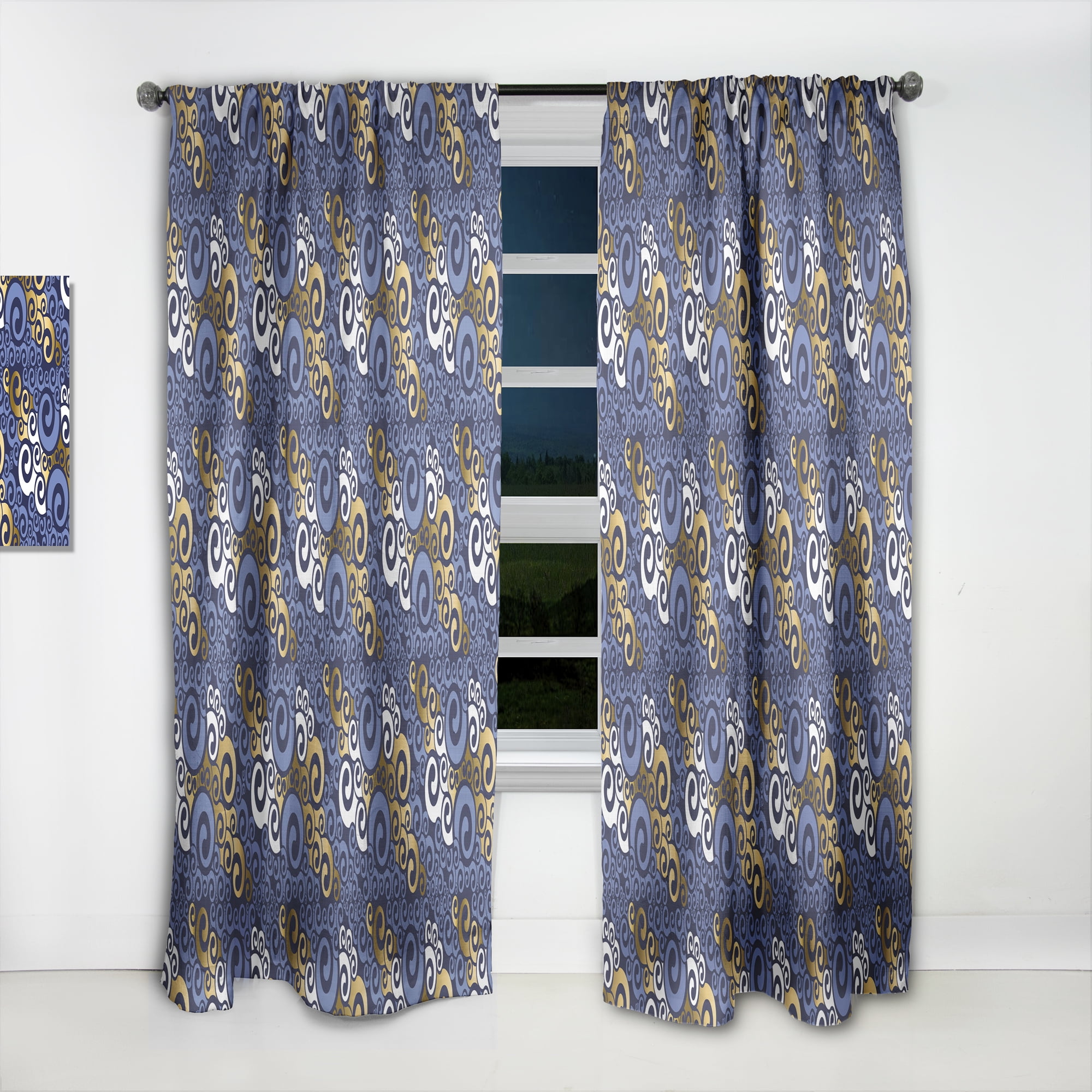 Designart 'Retro Luxury Waves In Blue and Gold III' Mid-Century Modern Curtain Panel