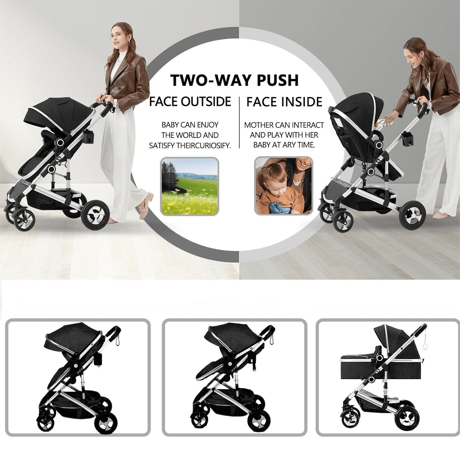 LINLUX 2 in 1 Baby Stroller w/ Diaper Bag & Big Wheel, Infant Pushchair, 23 Pounds,  Black