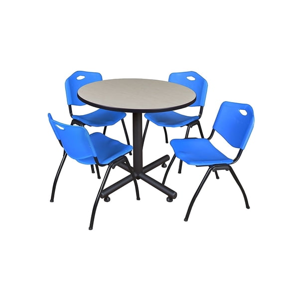 Kobe 42in. Round Breakroom Table- Maple & 4 'M' Stack Chairs- Blue