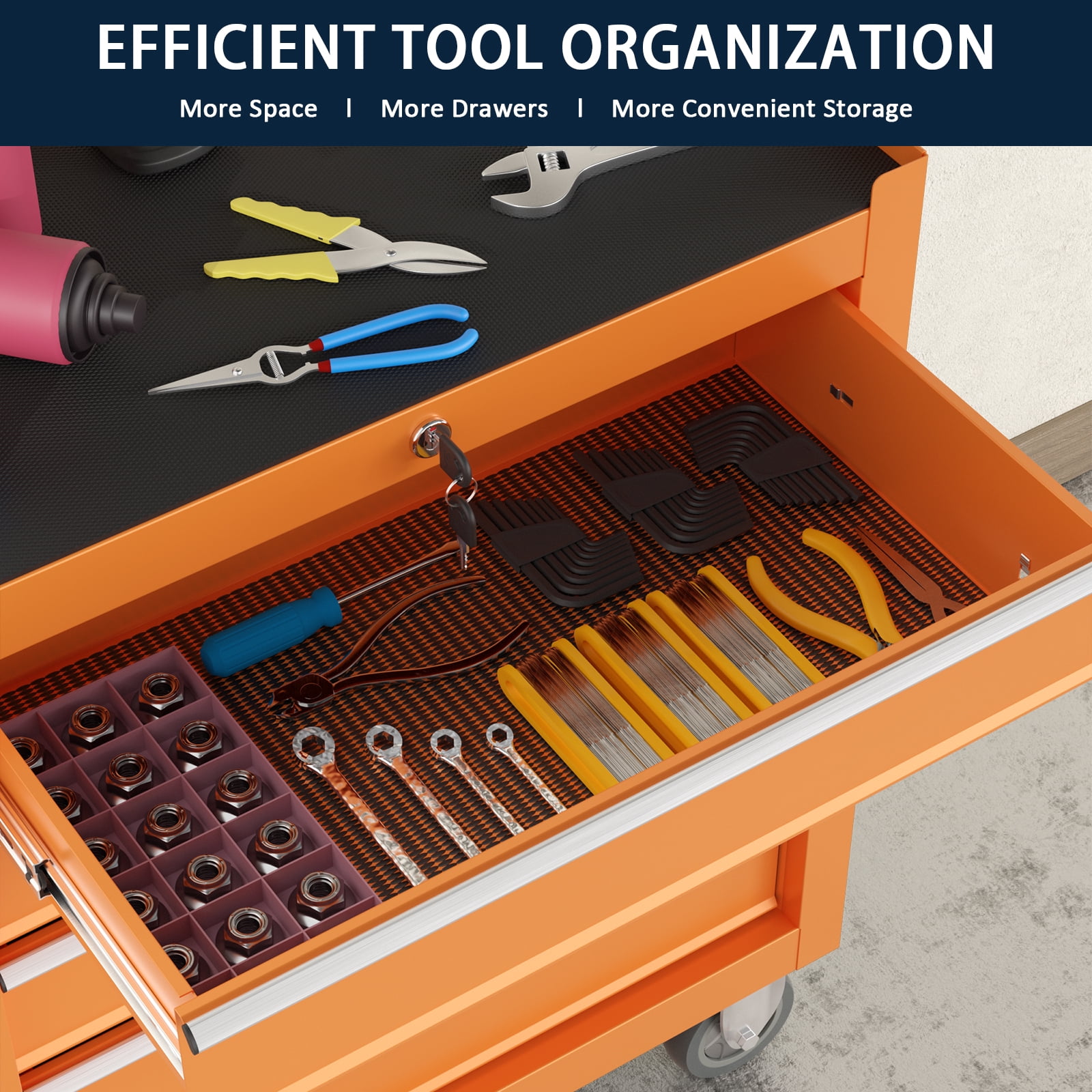 5 Drawer Rolling Tool Chest, Metal Tool Cart on Wheels,Tool Cabinet Key Locking & Drawer Storage,Tool Box Organizer for Garage,Warehouse(Orange)