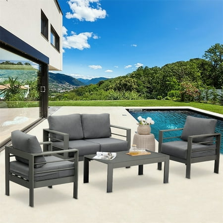 Superjoe Outdoor Aluminum Furniture Set 4 Pcs Patio Sectional Chat Sofa Conversation Set with Table Gray