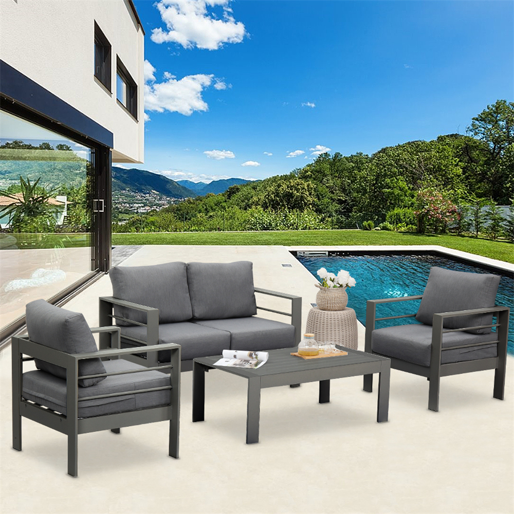 Superjoe Outdoor Aluminum Furniture Set Pcs Patio Sectional Chat Sofa  Conversation Set with Table,Gray