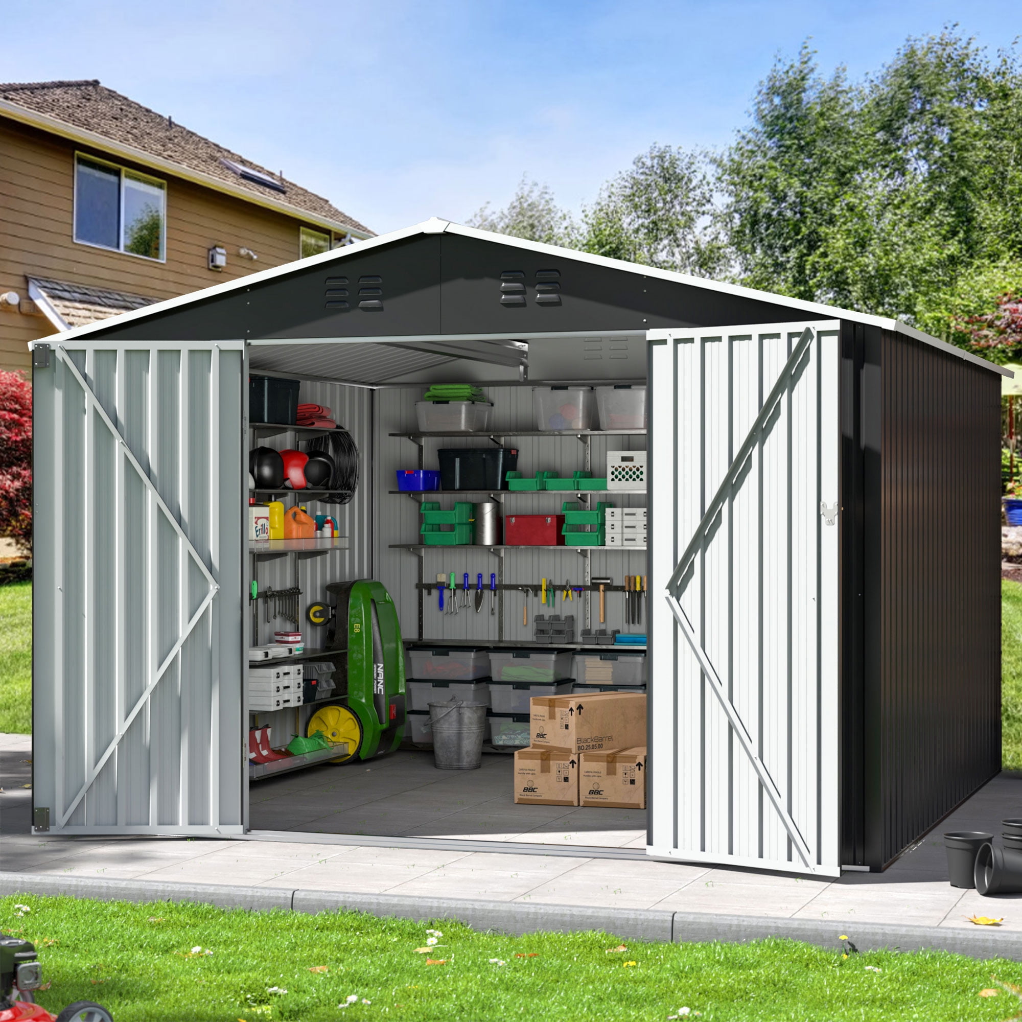 NETAJE 10'x10' Outdoor Metal Shed with Updated Frame, Lockable Doors & Sliding Roof for Backyard, Garden, Gray